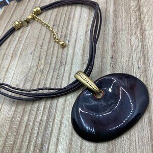 Chico's Brown Leather Cord Enamel Pendant Necklace